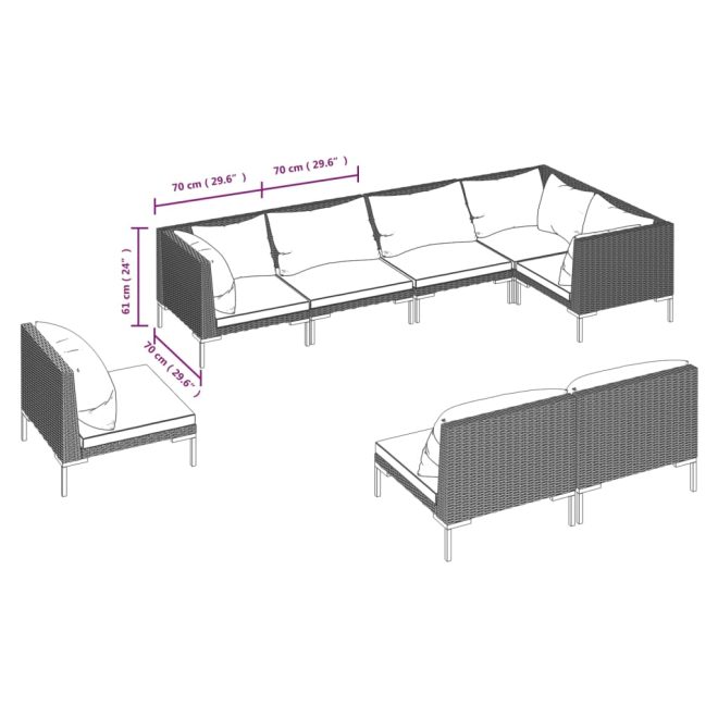 Garden Lounge Set with Cushions Poly Rattan Dark Grey – 5X Middle + 3X Corner