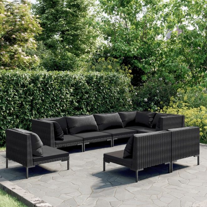 Garden Lounge Set with Cushions Poly Rattan Dark Grey – 5X Middle + 3X Corner