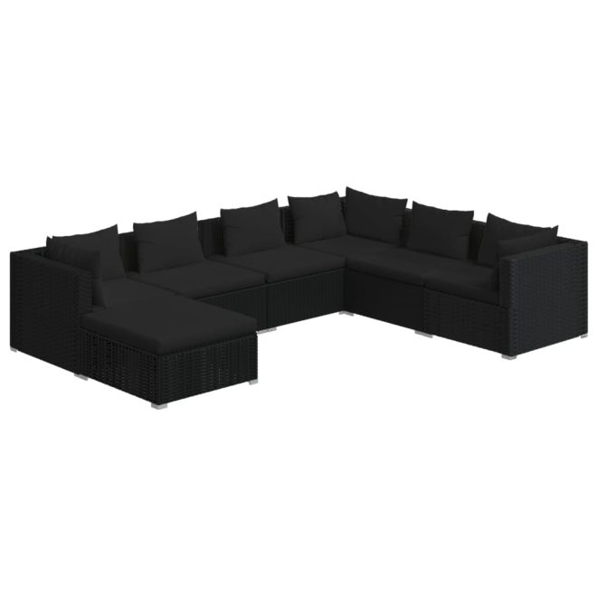 Garden Lounge Set with Cushions Poly Rattan Black – 3X Corner + 3X Middle + Footrest