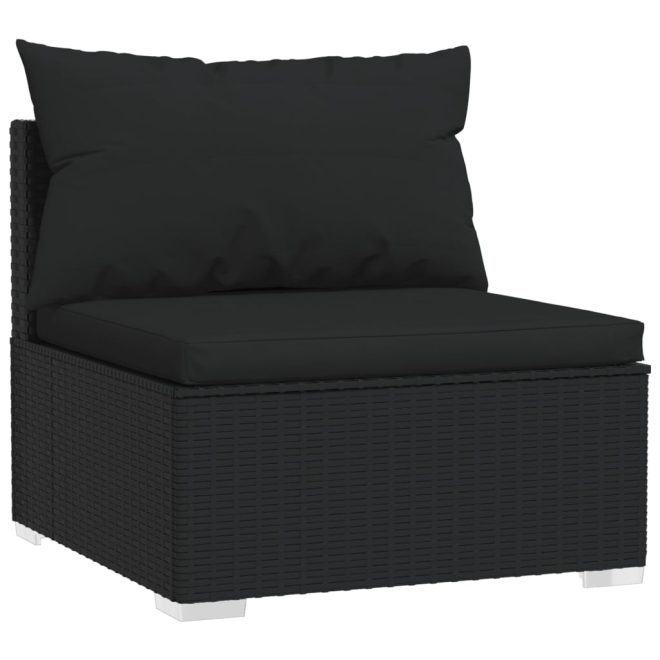 Garden Lounge Set with Cushions Black Poly Rattan – 2X Corner + 5X Middle + 2X Footrest