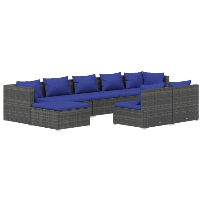 Garden Lounge Set with Cushions Grey Poly Rattan – 2X Corner + 5X Middle + 2X Footrest