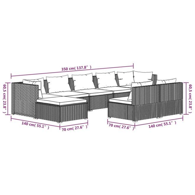 Garden Lounge Set with Cushions Grey Poly Rattan – 2X Corner + 5X Middle + 2X Footrest