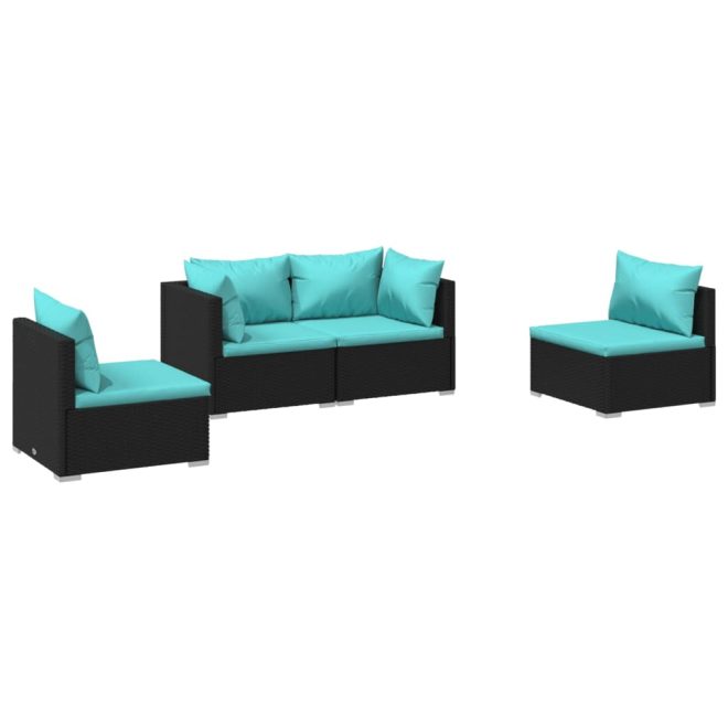 Garden Lounge Set with Cushions Poly Rattan Black – 2X Corner + 2X Middle