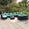 Garden Lounge Set with Cushions Poly Rattan Black – 4X Corner + 5X Middle + Footrest + Table