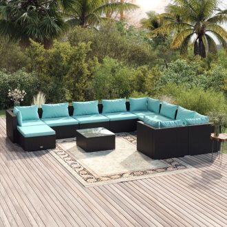 Garden Lounge Set with Cushions Poly Rattan Black