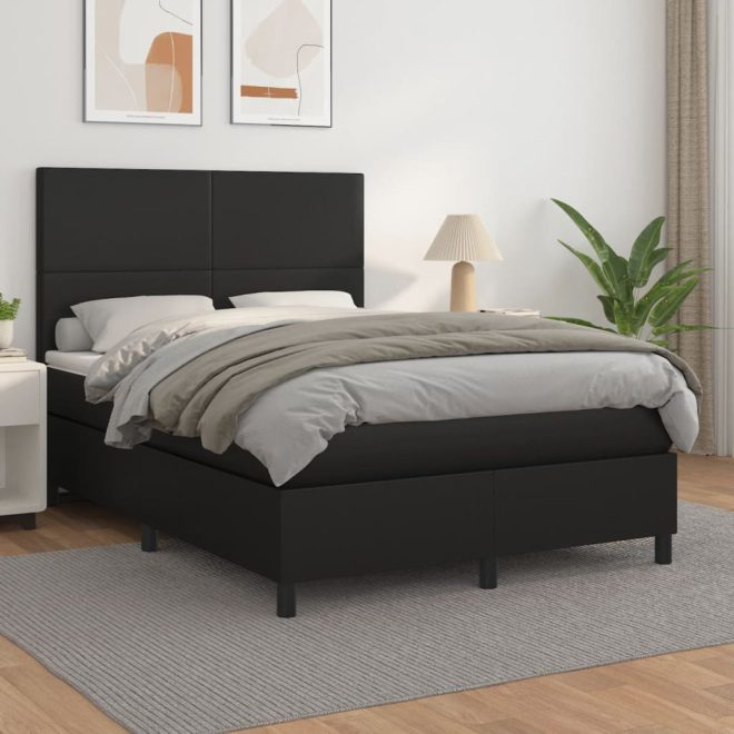 Box Spring Bed with Mattress Black Faux Leather – DOUBLE, Plain Design