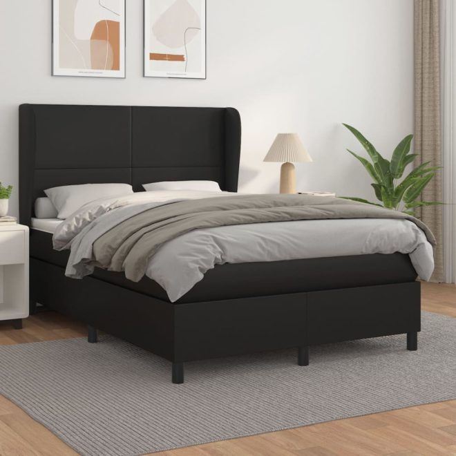 Box Spring Bed with Mattress Black Faux Leather – DOUBLE, Plain Design