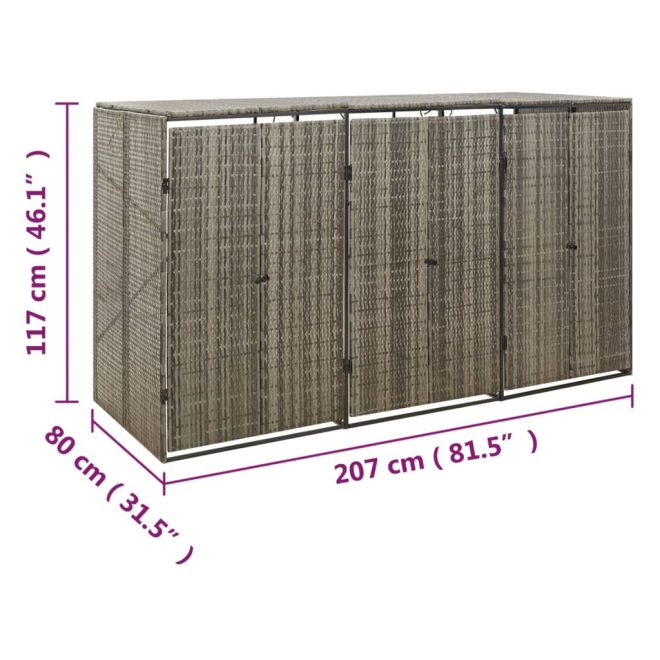 Triple Wheelie Bin Shed 207x80x117 cm Poly Rattan – Grey