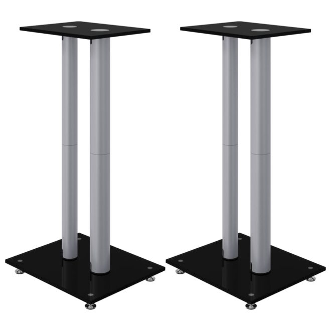 Speaker Stands 2pcs Black&Silver Tempered Glass 2 Pillars Design