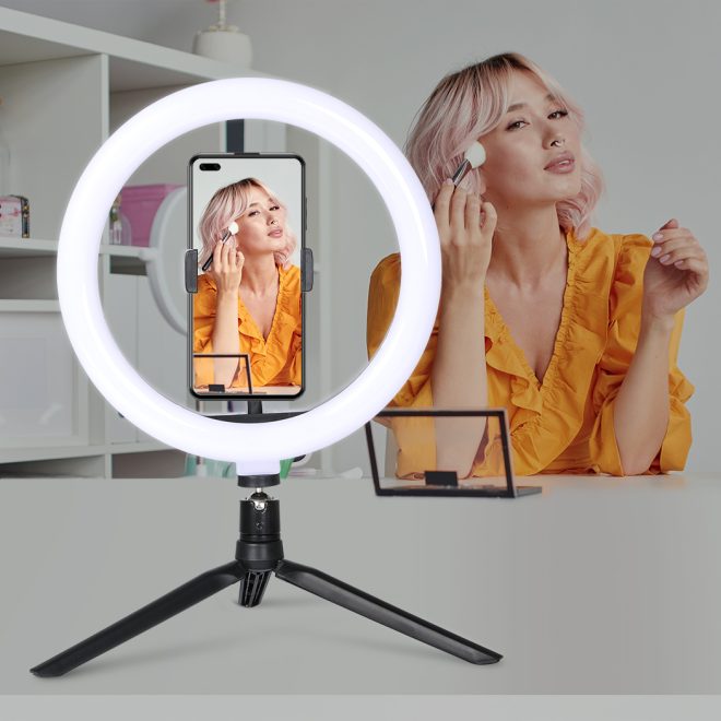 LED Ring Light with Tripod Stand Phone Holder Dimmable Studio Photo Makeup Lamp – 3 Phone Holder