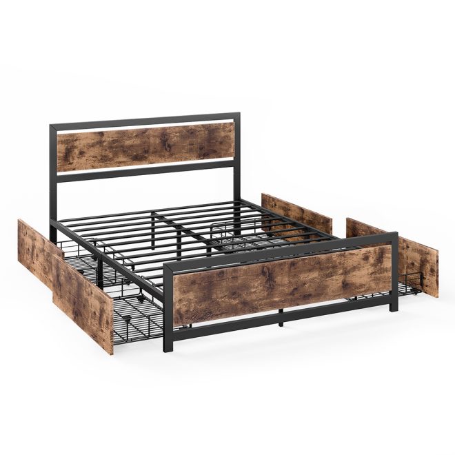 Linburn Metal Bed Frame Double Mattress Base Platform Wooden 4 Drawers Industrial