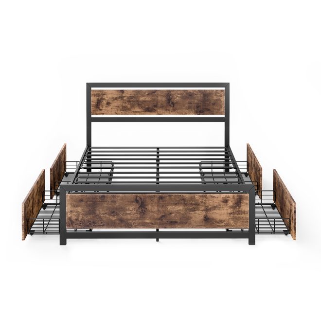 Linburn Metal Bed Frame Double Mattress Base Platform Wooden 4 Drawers Industrial