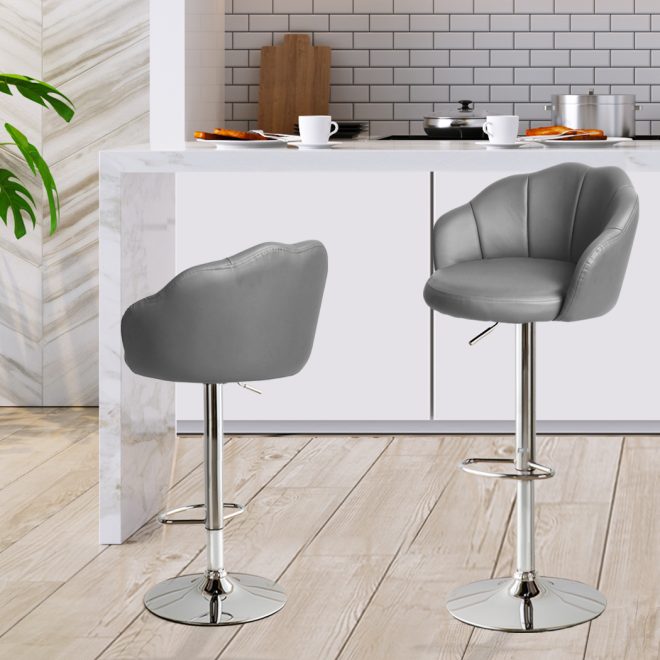 2x Bar Stools Kitchen Gas Lift Stool Chair Swivel Barstools Leather Grey