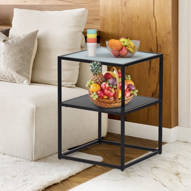 Redhill 2-Tier Side Table Open Design Steel Home Shelf Safety Glass End Table