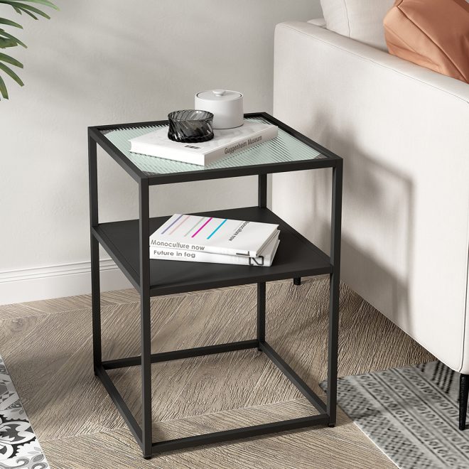 Redhill 2-Tier Side Table Open Design Steel Home Shelf Safety Glass End Table