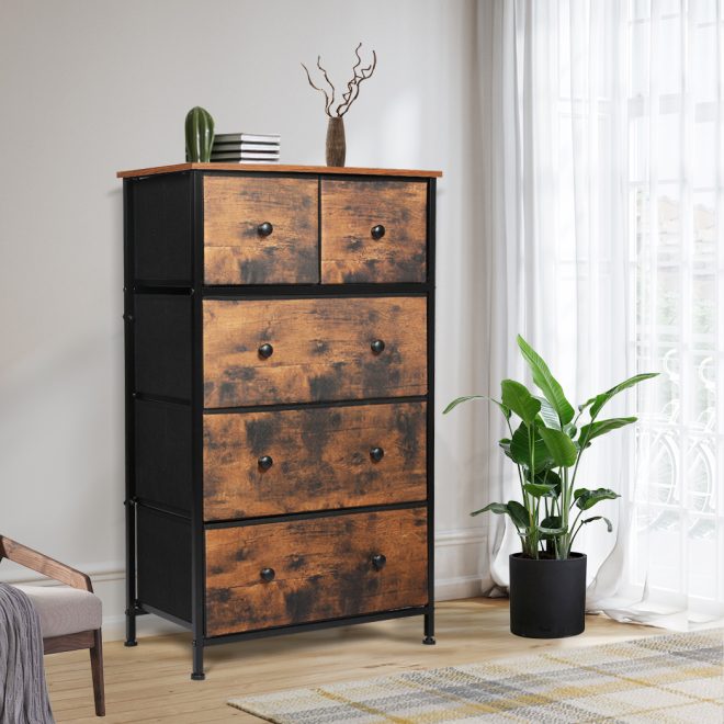 Storage Cabinet Tower Chest of Drawers Dresser Tallboy Drawer Retro Brown