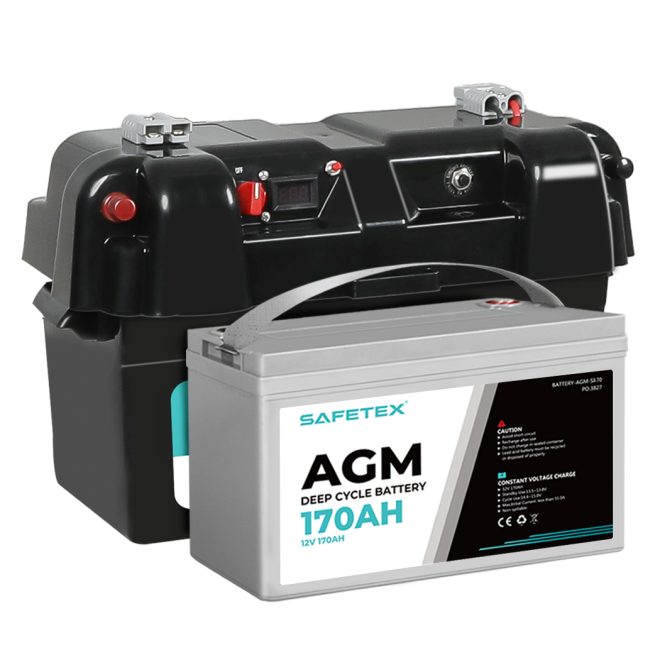 12V 170Ah AGM Battery Outdoor Rv Marine 4WD Deep Cycle & W/ Strap Battery Box