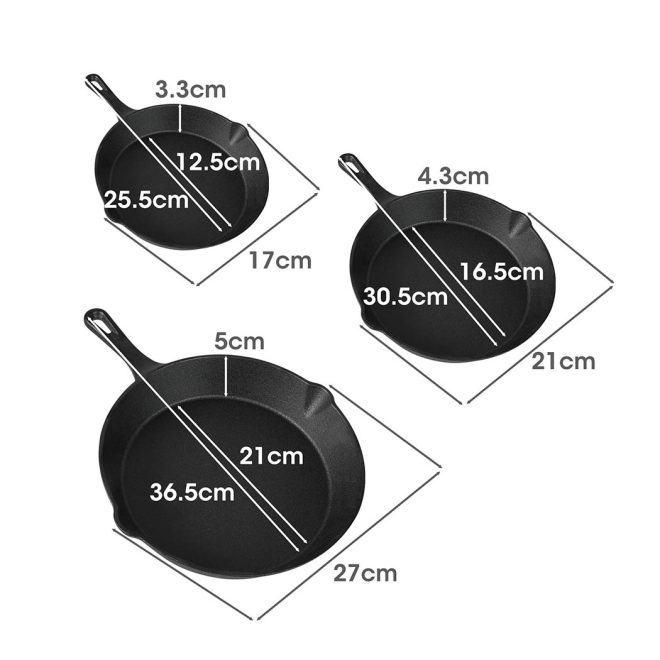 Non Stick Frying Pan Set 3PCS Cast Iron Steak Skillet BBQ Cookware Frypan