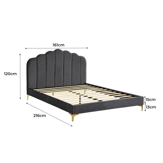 Bed Frame Queen Size Mattress Base Platform Wooden Velevt Headboard Grey